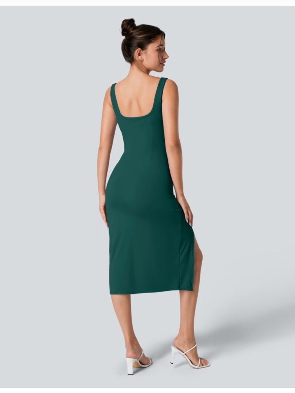 HALARA SoftlyZero Square-Neck Midi Dress with Side Slit Forest Green M NWT - Picture 2 of 6